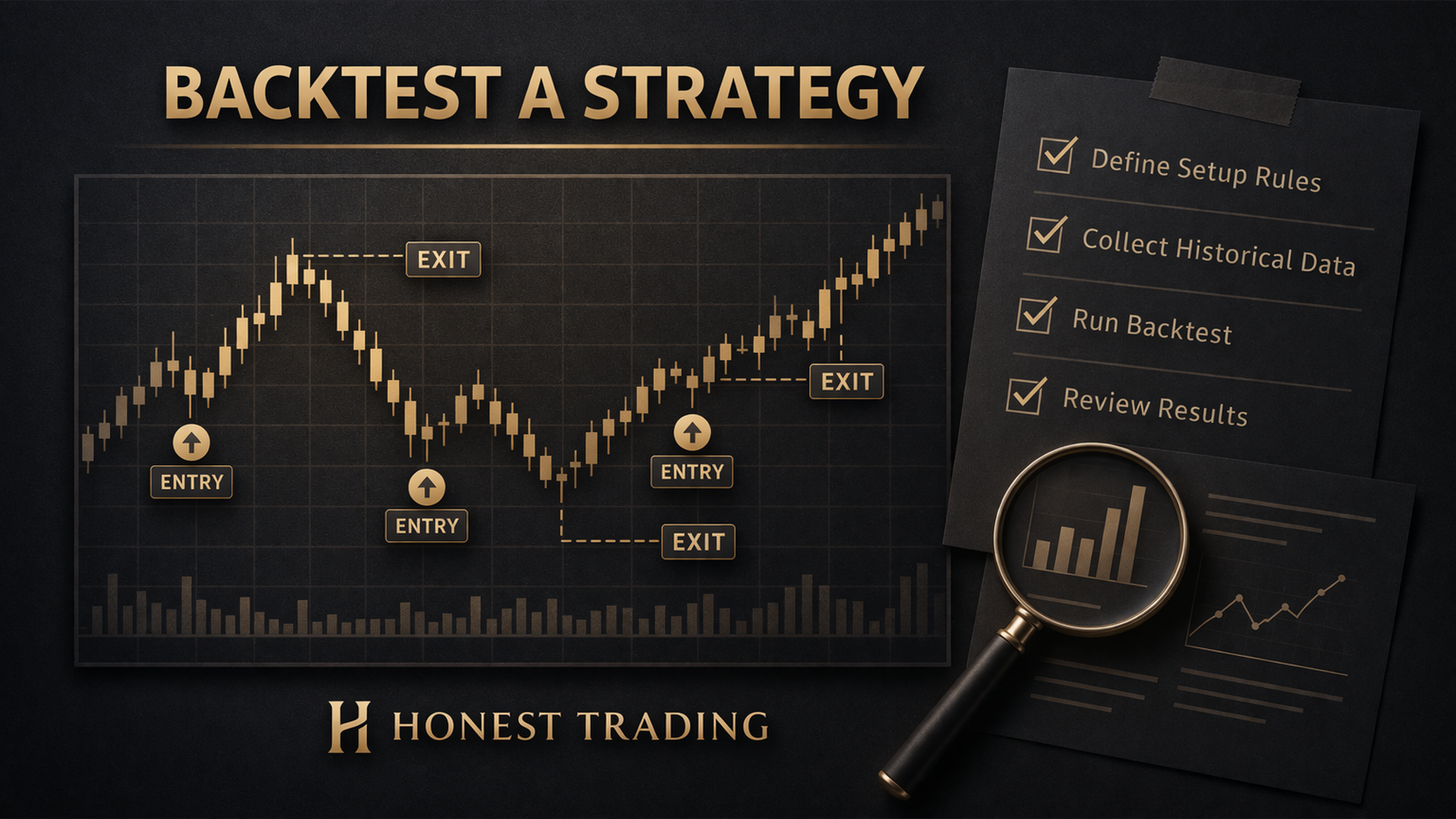 Honest Trading thumbnail showing a trading chart and testing process for backtesting a strategy